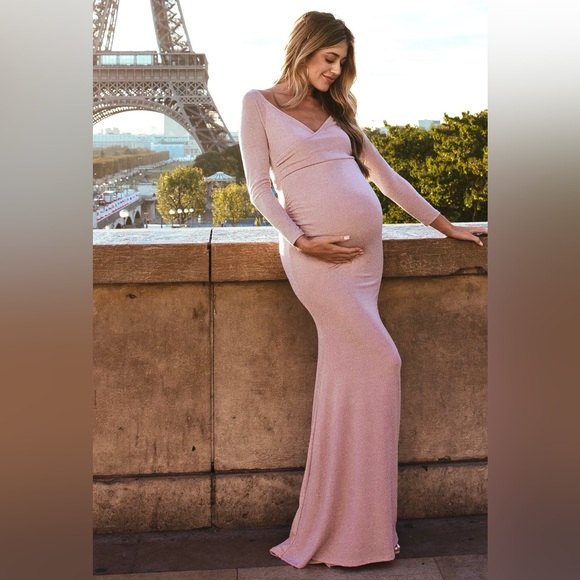 PINKBLUSH Metallic Pink Off-Shoulder Maternity Gown, Size Small, LIKE NEW - Picture 3 of 12